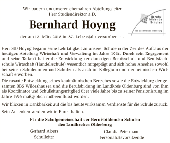 Traueranzeige von Bernhard Hoyng von SYK
