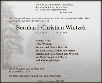Traueranzeige von Bernhard Christian Wintzek von SYK