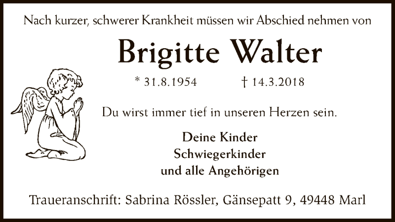  Traueranzeige für Brigitte Walter vom 17.03.2018 aus SYK