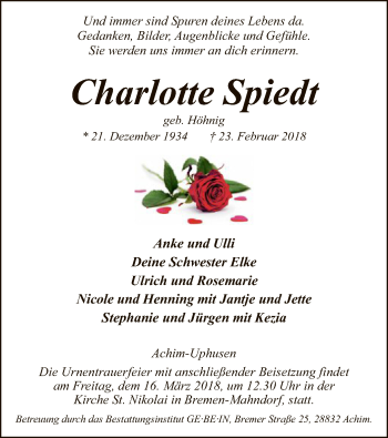 Traueranzeige von Charlotte Spiedt von SYK