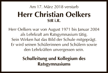 Traueranzeige von Christian Oelkers von SYK