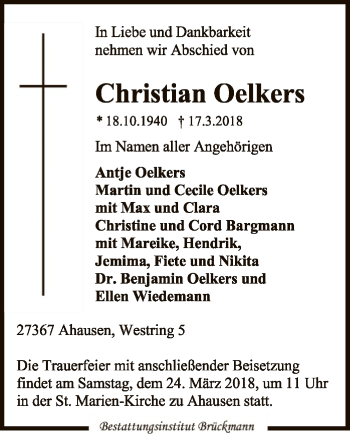 Traueranzeige von Christian Oelkers von SYK