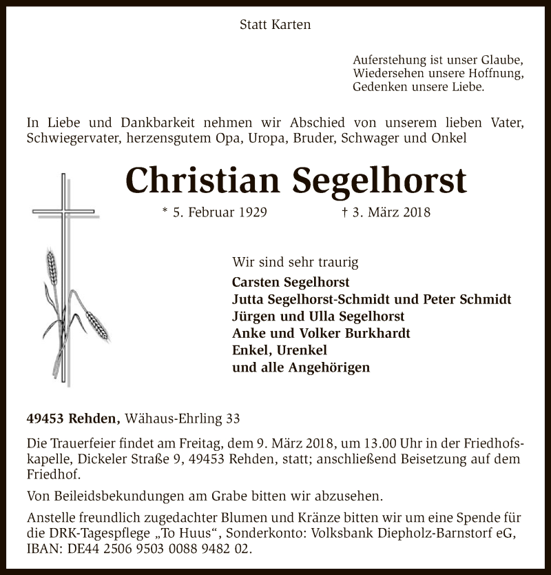  Traueranzeige für Christian Segelhorst vom 06.03.2018 aus SYK