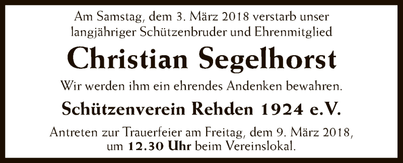  Traueranzeige für Christian Segelhorst vom 06.03.2018 aus SYK