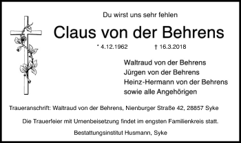 Traueranzeige von Claus von der Behrens von SYK