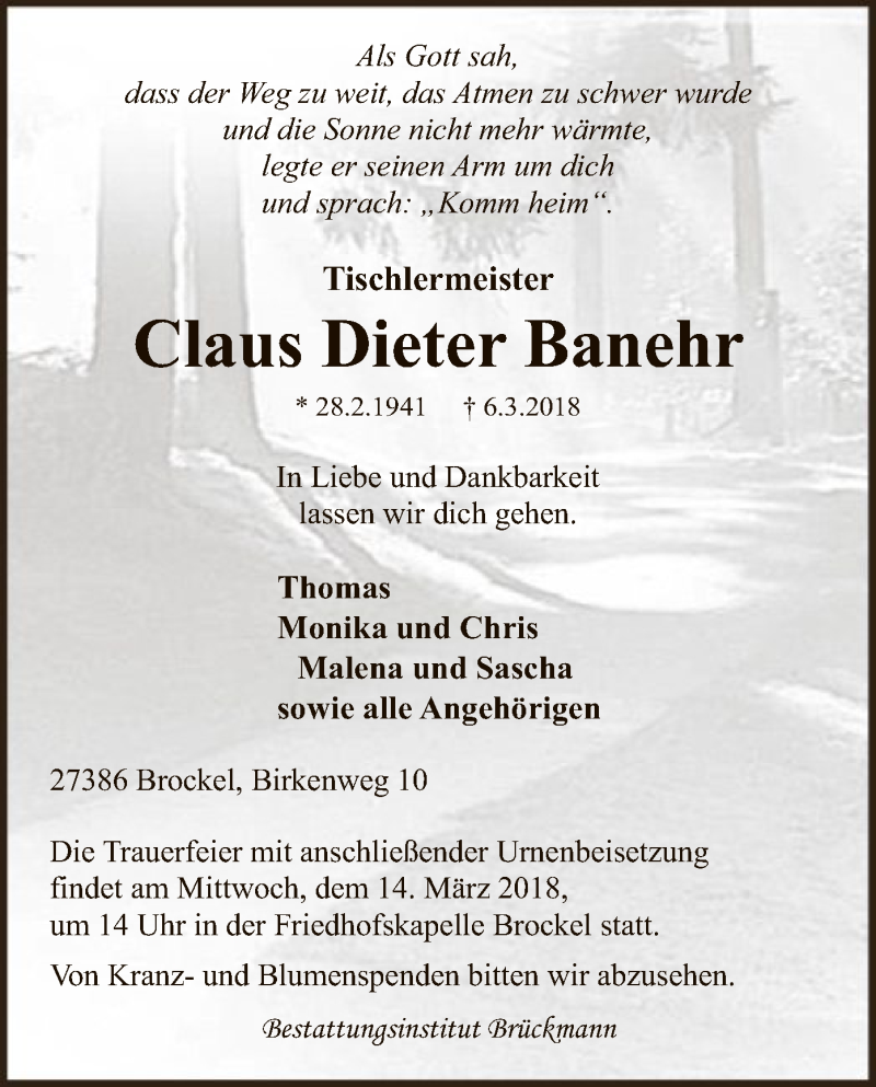  Traueranzeige für Claus Dieter Banehr vom 09.03.2018 aus SYK