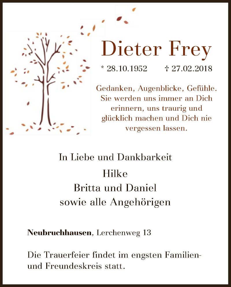  Traueranzeige für Dieter Frey vom 03.03.2018 aus SYK