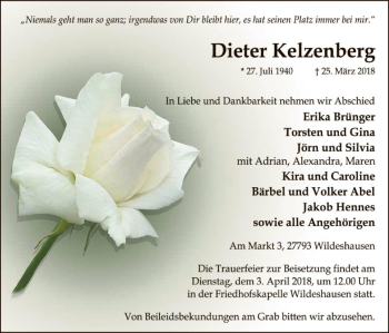 Traueranzeige von Dieter Kelzenberg von SYK