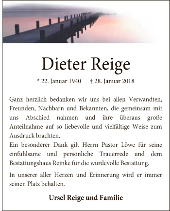 Traueranzeige von Dieter Reige von SYK