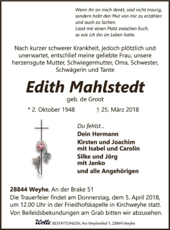 Traueranzeige von Edith Mahlstedt von SYK