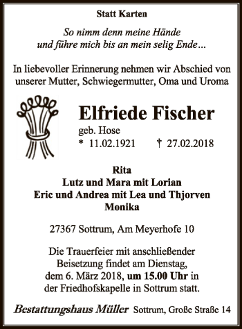 Traueranzeige von Elfriede Fischer von SYK