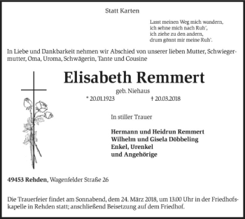 Traueranzeige von Elisabeth Remmert von SYK