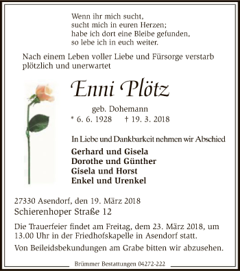 Traueranzeige von Enni Plötz von SYK