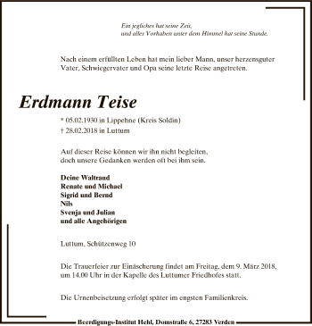 Traueranzeige von Erdmann Teise von SYK