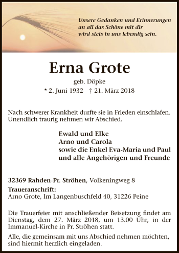 Traueranzeige von Erna Grote von SYK