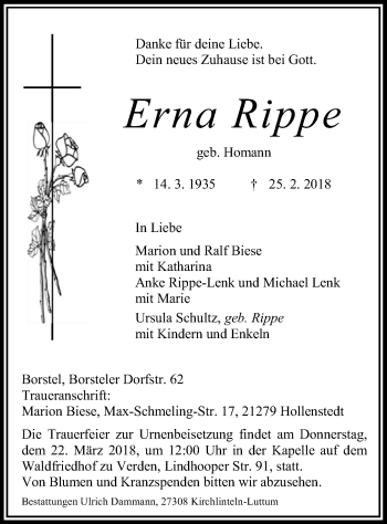 Traueranzeige von Erna Rippe von SYK