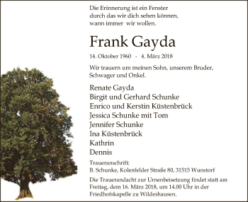 Traueranzeige von Frank Gayda von SYK