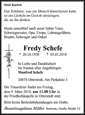 Traueranzeige von Fredy Schefe von SYK