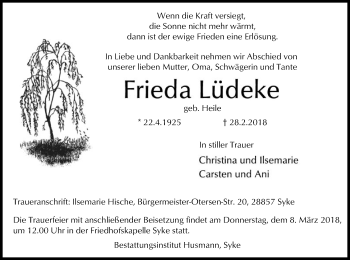 Traueranzeige von Frieda Lüdeke von SYK