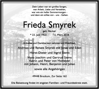 Traueranzeige von Frieda Smyrek von SYK