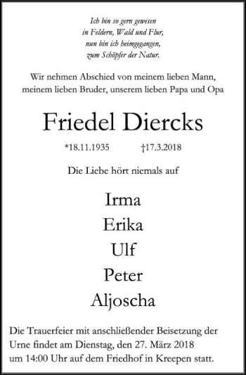 Traueranzeige von Friedel Diercks von SYK