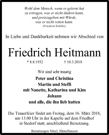 Traueranzeige von Friedrich Heftmann von SYK