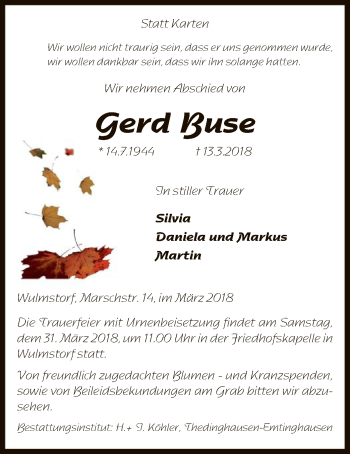 Traueranzeige von Gerd Buse von SYK