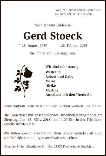 Traueranzeige von Gerd Stoeck von SYK