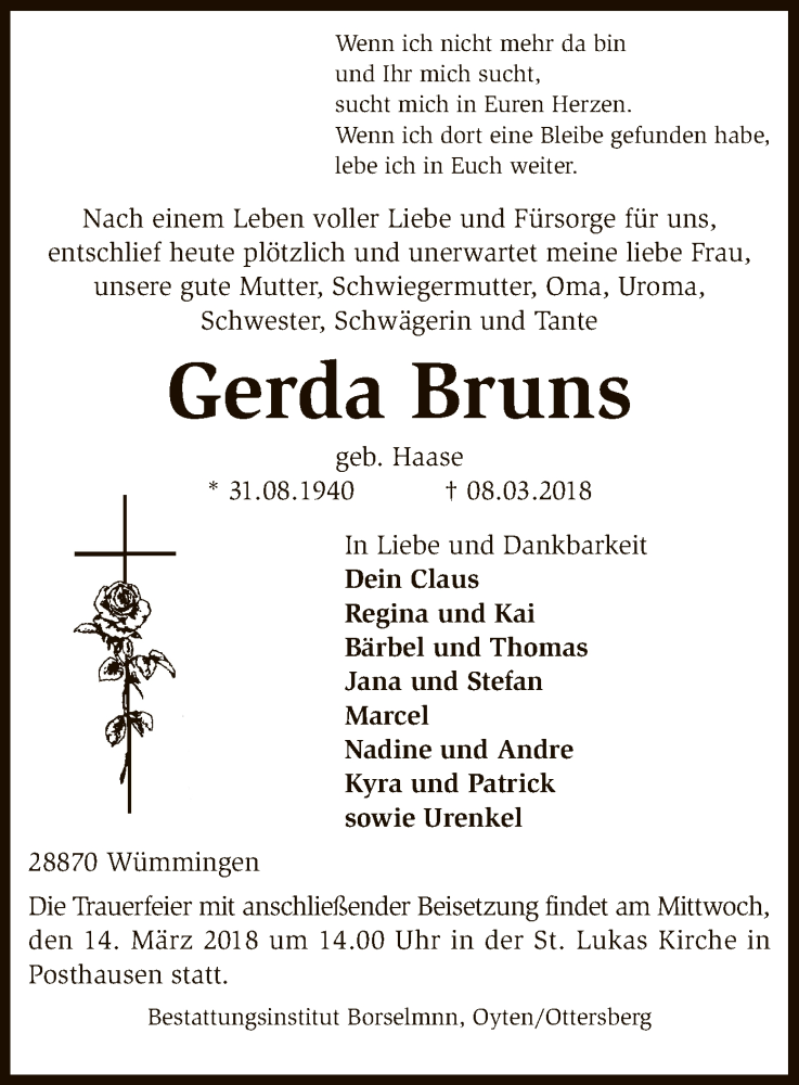  Traueranzeige für Gerda Bruns vom 10.03.2018 aus SYK