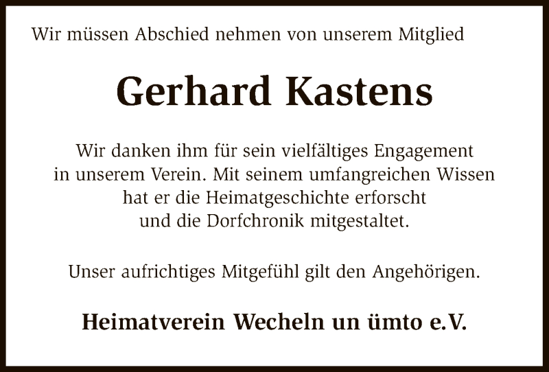  Traueranzeige für Gerhard Kastens vom 24.03.2018 aus SYK