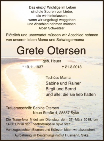 Traueranzeige von Grete Otersen von SYK