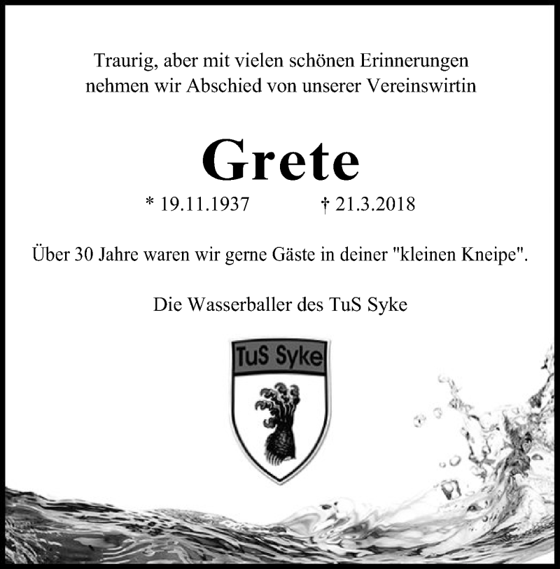  Traueranzeige für Grete Otersen vom 24.03.2018 aus SYK