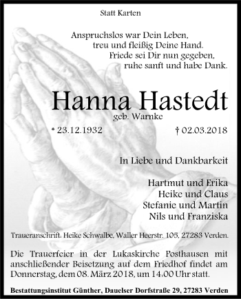 Traueranzeige von Hanna Hastedt von SYK