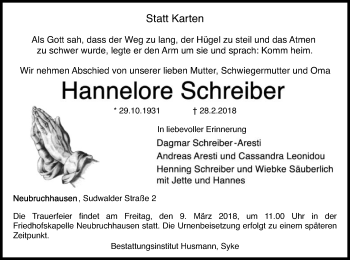 Traueranzeige von Hannelore Schreiber von SYK