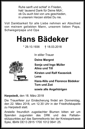 Traueranzeige von Hans Bädeker von SYK