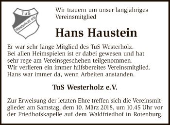 Traueranzeige von Hans Haustein von SYK