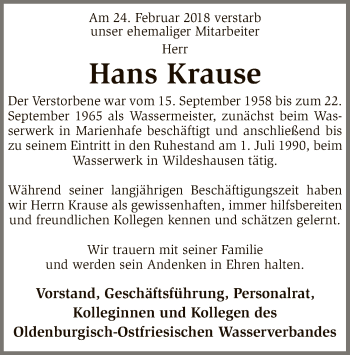 Traueranzeige von Hans Krause von SYK