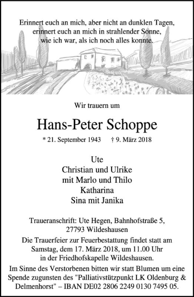  Traueranzeige für Hans-Peter Schoppe vom 13.03.2018 aus SYK
