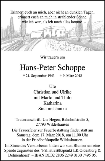 Traueranzeige von Hans-Peter Schoppe von SYK