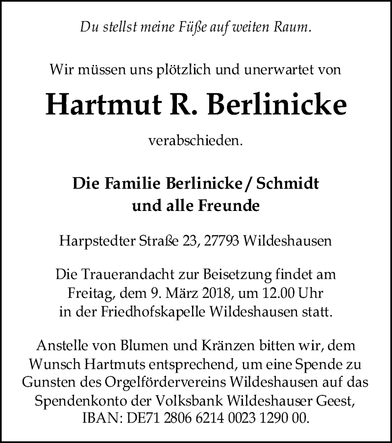  Traueranzeige für Hartmut R. Berlinicke vom 07.03.2018 aus SYK