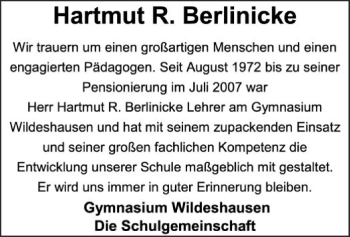 Traueranzeige von Hartmut R. Berlinicke von SYK