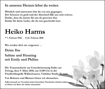 Traueranzeige von Heiko Harms von SYK