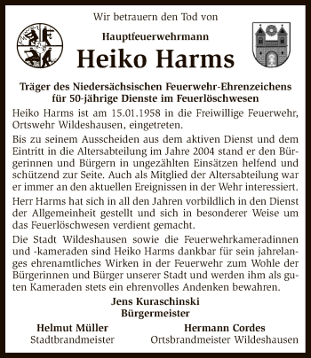 Traueranzeige von Heiko Harms von SYK