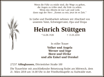 Traueranzeige von Heinrich Stüttgen von SYK