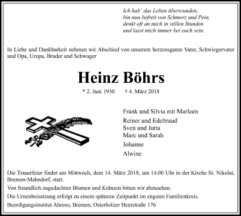 Traueranzeige von Heinz Böhrs von SYK