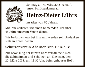 Traueranzeige von Heinz-Dieter Lührs von SYK