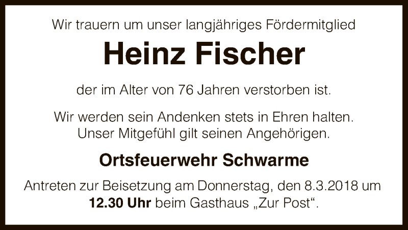  Traueranzeige für Heinz Fischer vom 03.03.2018 aus SYK