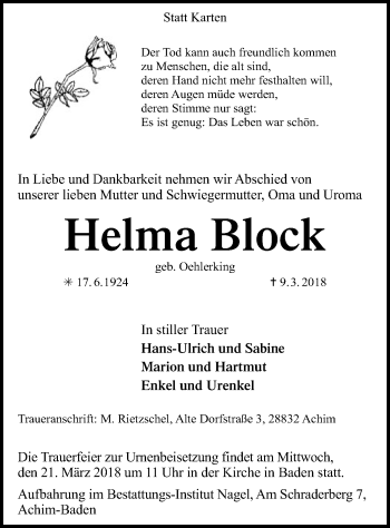 Traueranzeige von Helma Block von SYK