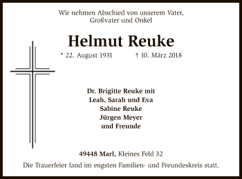 Traueranzeige von Helmut Reuke von SYK