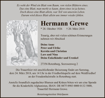 Traueranzeige von Hermann Grewe von SYK